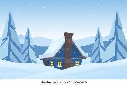 Vector illustration: Cartoon cute house  on Winter christmas mountains landscape background.