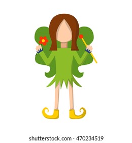 Vector illustration with cartoon cute isolated green elf girl. Magic forest icon. Vector children book cover illustration. Cartoon fantasy isolated elf woman in butterfly costume. Fairytale background