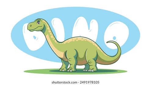 Vector illustration. Cartoon cute kind big spotted green dinosaur. Prehistoric animal. Dino. Ancient wildlife. Brontosaurus or titanosaur.