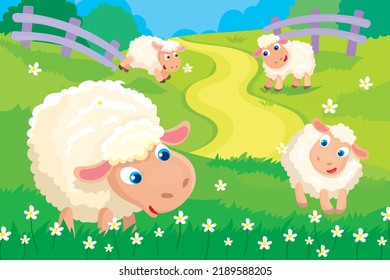 Vector illustration of cartoon cute lambs are playing in the meadow