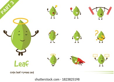 Vector illustration of cartoon cute leaf poses set. Isolated on white background.