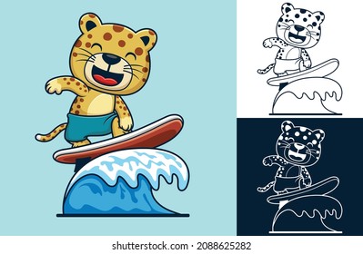 Vector illustration of cartoon cute leopard surfing on wave