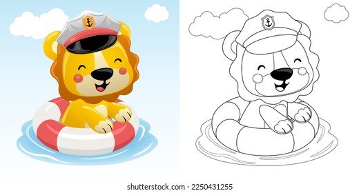 Imagen vectorial de la caricatura lindo león en la gorra marinera nadando con boya. Libro o página de coloración para niños 