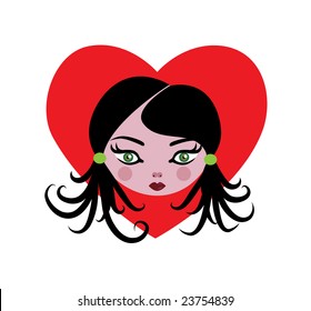 Vector illustration of cartoon cute little girl on the red heart background.