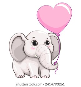 vector illustration of cartoon cute little elephant character holding pink heart-shaped balloons for Valentine's event