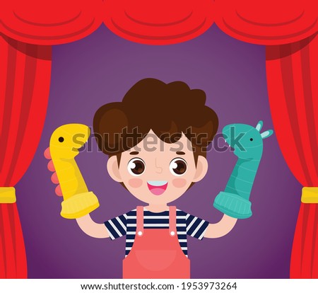 Vector illustration cartoon of cute little children playing sock puppets in theater, Kids with Sock Puppets for a Show isolated on background 