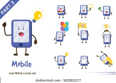 Ilustración vectorial de dibujos animados lindo móvil poses set. Aislado sobre fondo blanco.
