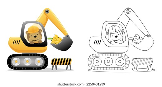 Vector illustration of cartoon cute monkey on excavator with banana. Coloring book or page