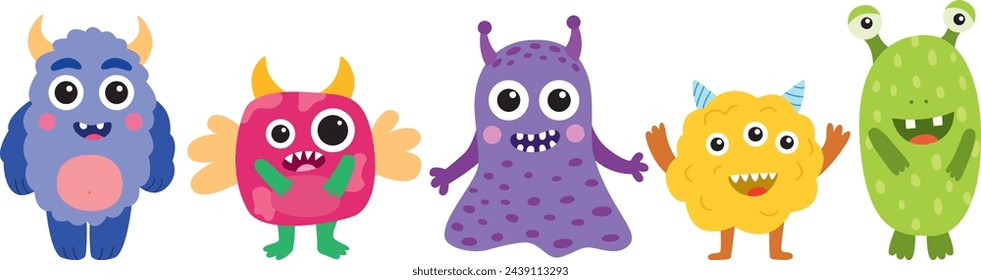 Vector illustration of cartoon cute monsters. Set of fun characters in flat style