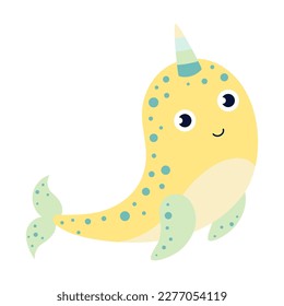 vector illustration of cartoon cute narwhal isolated on white background, funny unicorn whale drawing for kids, flat design