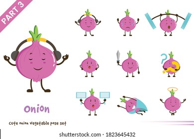 Vector illustration of cartoon cute onion vegetable poses set. Isolated on white background.