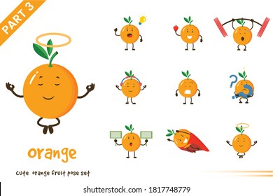 Vector illustration of cartoon cute orange fruit poses set. Isolated on white background.