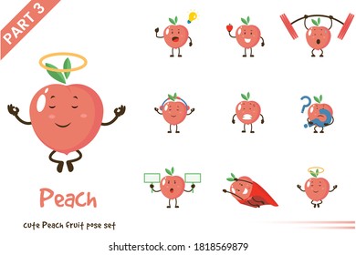 Vector illustration of cartoon cute peach fruit poses set. Isolated on white background.