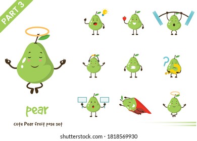 Vector illustration of cartoon cute pear fruit poses set. Isolated on white background.