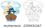 Vector illustration of cartoon cute penguin sailor fishing on sailboat. Coloring book or pag