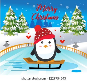 Vector illustration of cartoon cute penguin on winter background. Cartoon character. Merry christmas