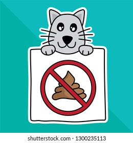 vector illustration cartoon cute pet. sign warning no cat pooping in park.