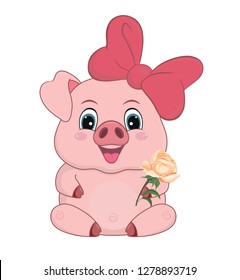 Vector illustration, cartoon, cute pig with flower isolated on white background-vector.