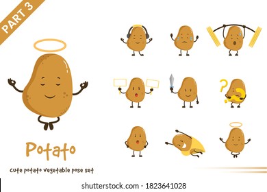 Vector illustration of cartoon cute potato vegetable poses set. Isolated on white background.