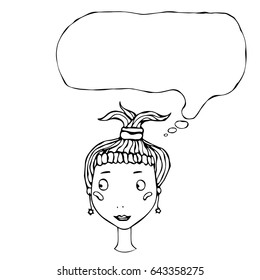 Vector Illustration Cartoon Cute Pretty Young Girl Head with Thinking Balloon