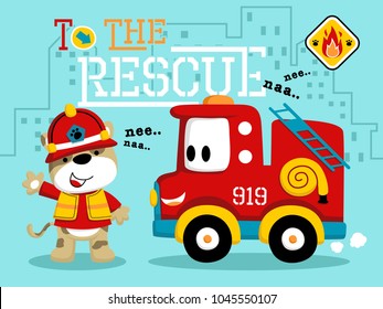 Vector illustration of cartoon cute puppy in fireman costume with funny fire truck