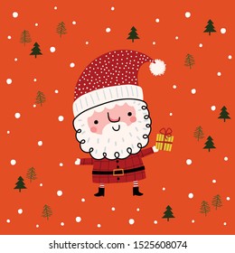 Vector illustration cartoon of cute Santa Claus character with Christmas gift in hand on orange background.