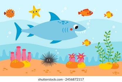 Vector illustration of cartoon cute sea animals under sea. Marine life.