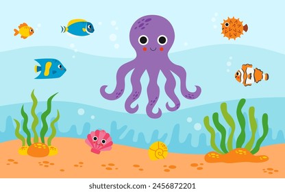 Vector illustration of cartoon cute sea animals under sea. Marine life.