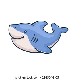 Ilustración vectorial tiburón lindo aislado en el fondo blanco. Ilustración vectorial del carácter marino en el mundo submarino. Clipart imprimible con peces dibujantes.