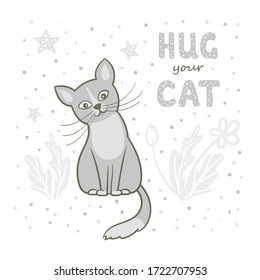 Vektorgrafik, eine süße, sitzende graue Katze auf weißem Hintergrund mit Blumen, Punkten und Sternen. Briefe deine Katze an.