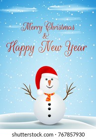 Vector Illustration Of Cartoon Cute Snowman And Xmas Hat On Snow Christmas Winter Background