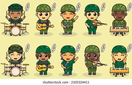 Vector Illustration Cartoon Of Cute Soldier Music Band. Set Of Soldiers. Cute Army Cartoon. Flat Cartoon Character Design. Soldiers Isolated Vector Illustration.