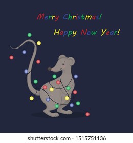 Vector illustration of a cartoon cute standing gray mouse wrapped in glowing Christmas lights on the dark blue background. Multicolored greeting Merry Christmas and Happy New Year