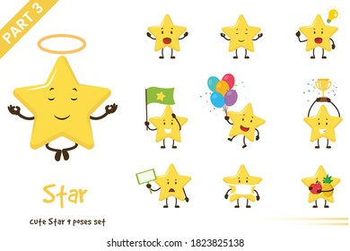 Vector illustration of cartoon cute star poses set. Isolated on white background.