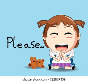 vector Illustration of cartoon cute student girl faces showing  emotions.Concept please.