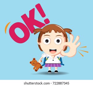 vector Illustration of cartoon cute student girl faces showing  emotions.Concept ok.