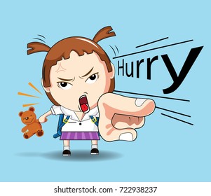 vector Illustration of cartoon cute student girl faces showing  emotions.Concept hurry.