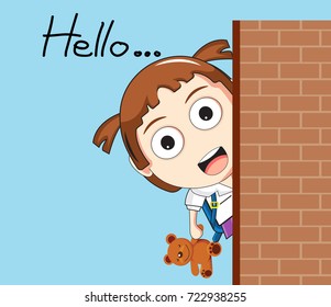 vector Illustration of cartoon cute student girl faces showing  emotions.Concept hello.