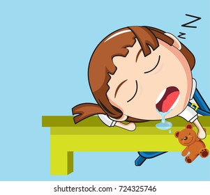 Vector Illustration of cartoon cute student girl faces showing emotion,Concept sleeping.