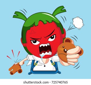 vector Illustration of cartoon cute student girl faces showing  emotions.Concept angry.