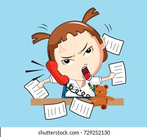 vector Illustration of cartoon cute student girl faces showing  emotions.Concept busy.