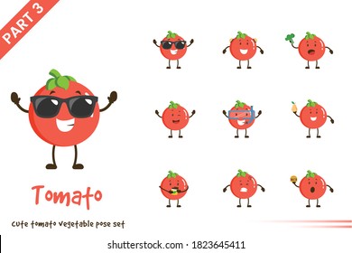 Vector illustration of cartoon cute tomato vegetable poses set. Isolated on white background.