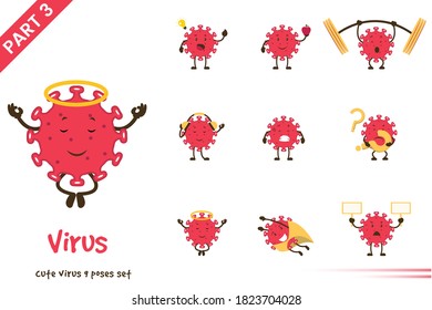 Vector illustration of cartoon cute virus poses set. Isolated on white background.