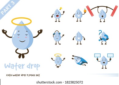Vector illustration of cartoon cute water drop poses set. Isolated on white background.