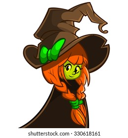 Vector illustration of a cartoon cute witch in big hat. Clip art Halloween character