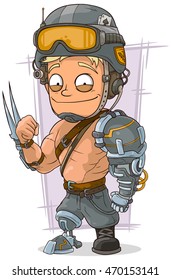 A vector illustration of cartoon cyborg soldier with metal arm