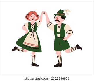 Vector illustration with cartoon dancers in traditional Bavarian costumes at the Oktoberfest festival.