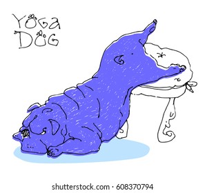 Vector illustration with cartoon dark blue lazy and angry dog.