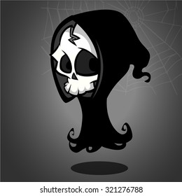 Vector illustration of cartoon death Halloween monster mascot isolated on dark background. Cute cartoon grim reaper 