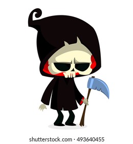 Vector illustration of cartoon death Halloween monster mascot isolated on dark background. Cute cartoon grim reaper 